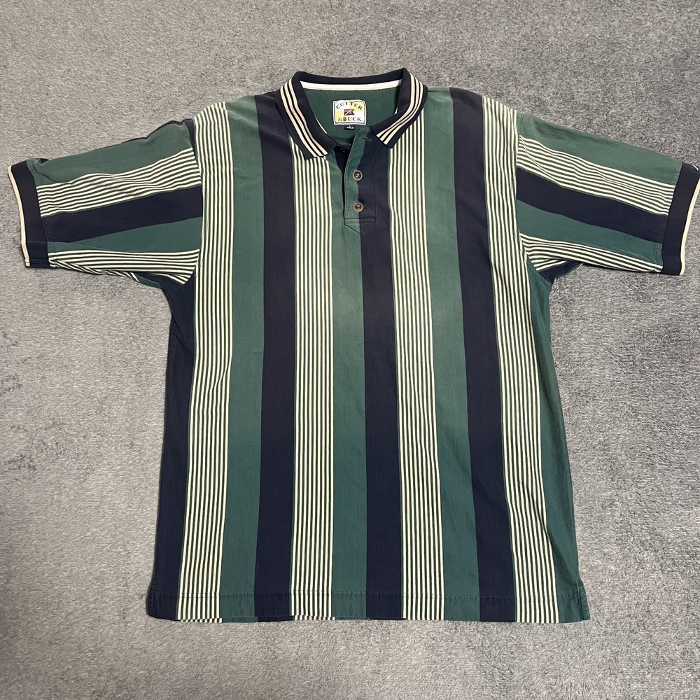 Vintage Cutter & Buck Polo Men's L Green Blue Horizontal Striped Cotton